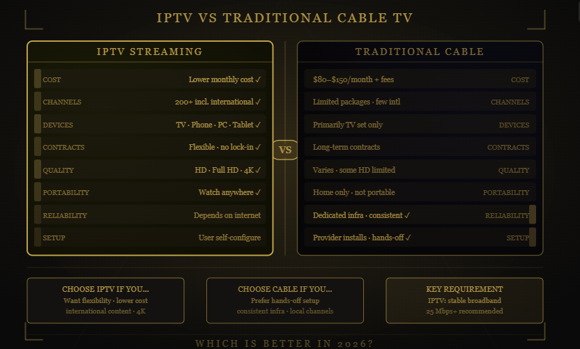 Shack TV IPTV versus cable TV comparison chart highlighting features and benefits.