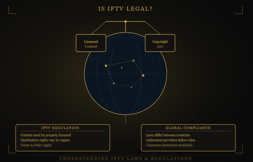 Shack TV IPTV legality infographic explaining licensed content, copyright laws, streaming regulations, legal IPTV services, and consumer compliance requirements.