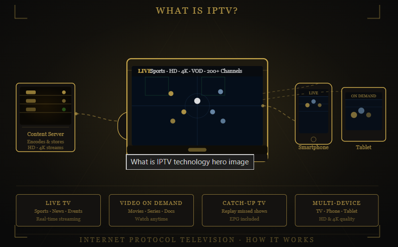 What is Shack TV IPTV infographic showing live TV, VOD, catch-up TV, multi-device streaming, and the key features of internet-based television services.